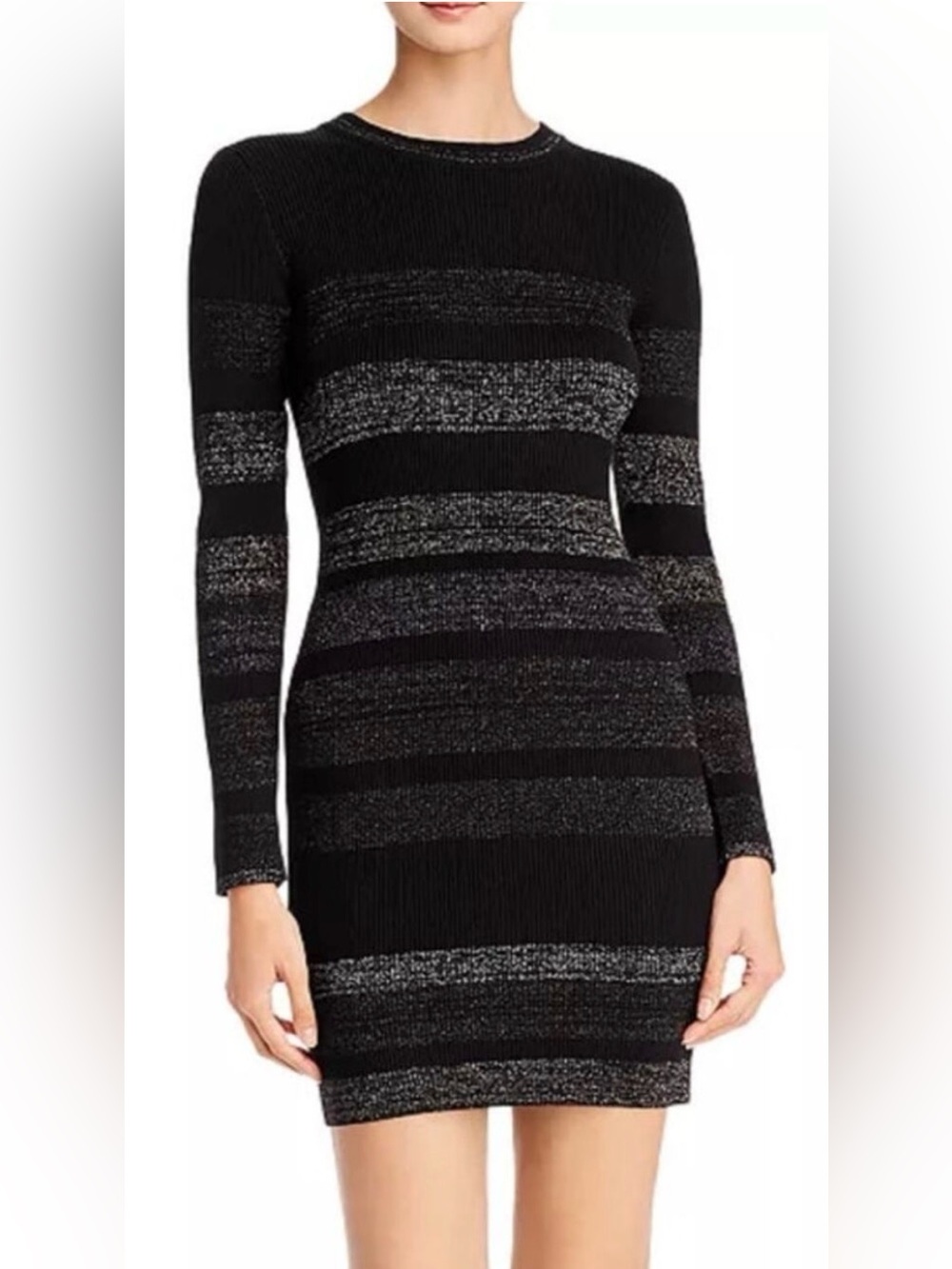 John + Jenn Black Ribbed Metallic-Strip Long-Sleeve Bodycon Dress